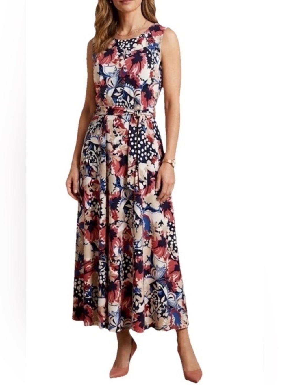 Charter Club Dress Print Tie Waist Lined Size Medium Great Condition 44” Length